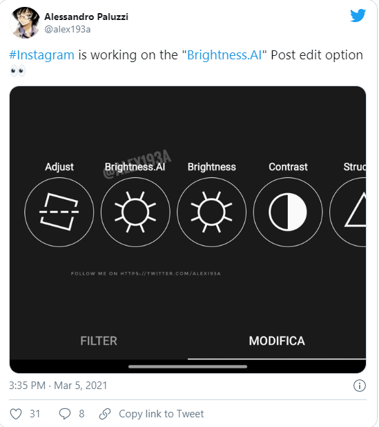 instagram is working on "Brightness AI" Post Edit section
